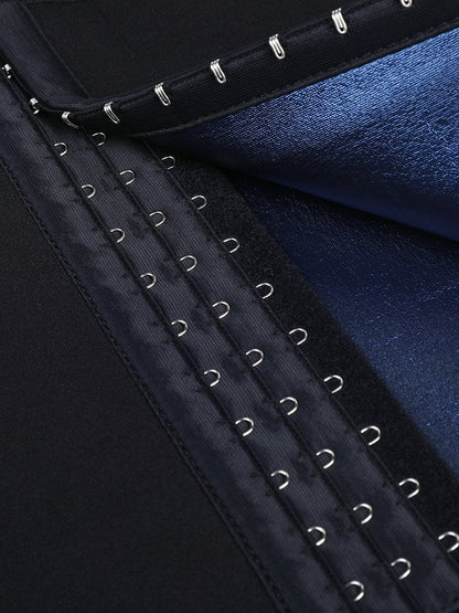 Schwarzes Korsett mit Hakenverschluss, glänzendes blaues Innenfutter, Damenmode Accessoire.