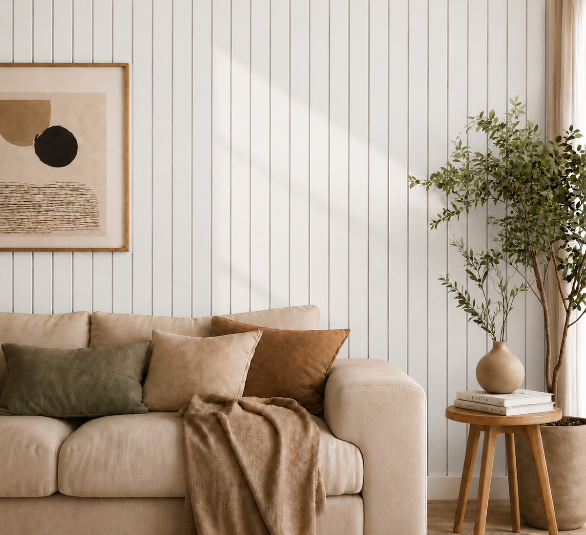 Vardagsrum med beige soffa och kuddar framför vit ribbvägg, tavla och växt vid fönstret 20