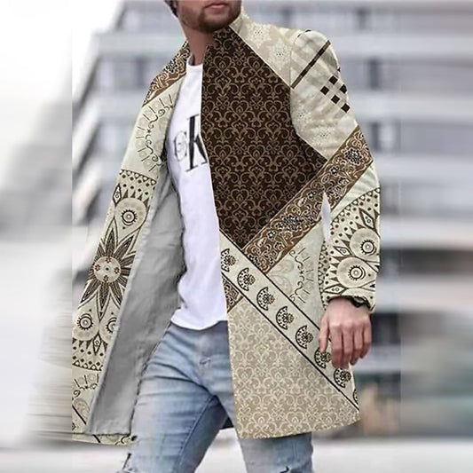 Männer Patchwork-Mantel, braun-beige, geometrisches Muster, modisch, Herbstmode.