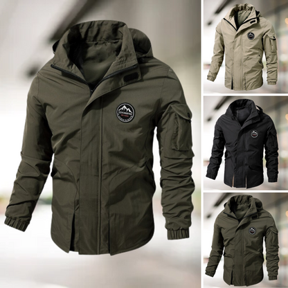 Militärische Bomberjacke, olivgrün, mit Kapuze, Reißverschluss, wetterfest, Herrenmode.