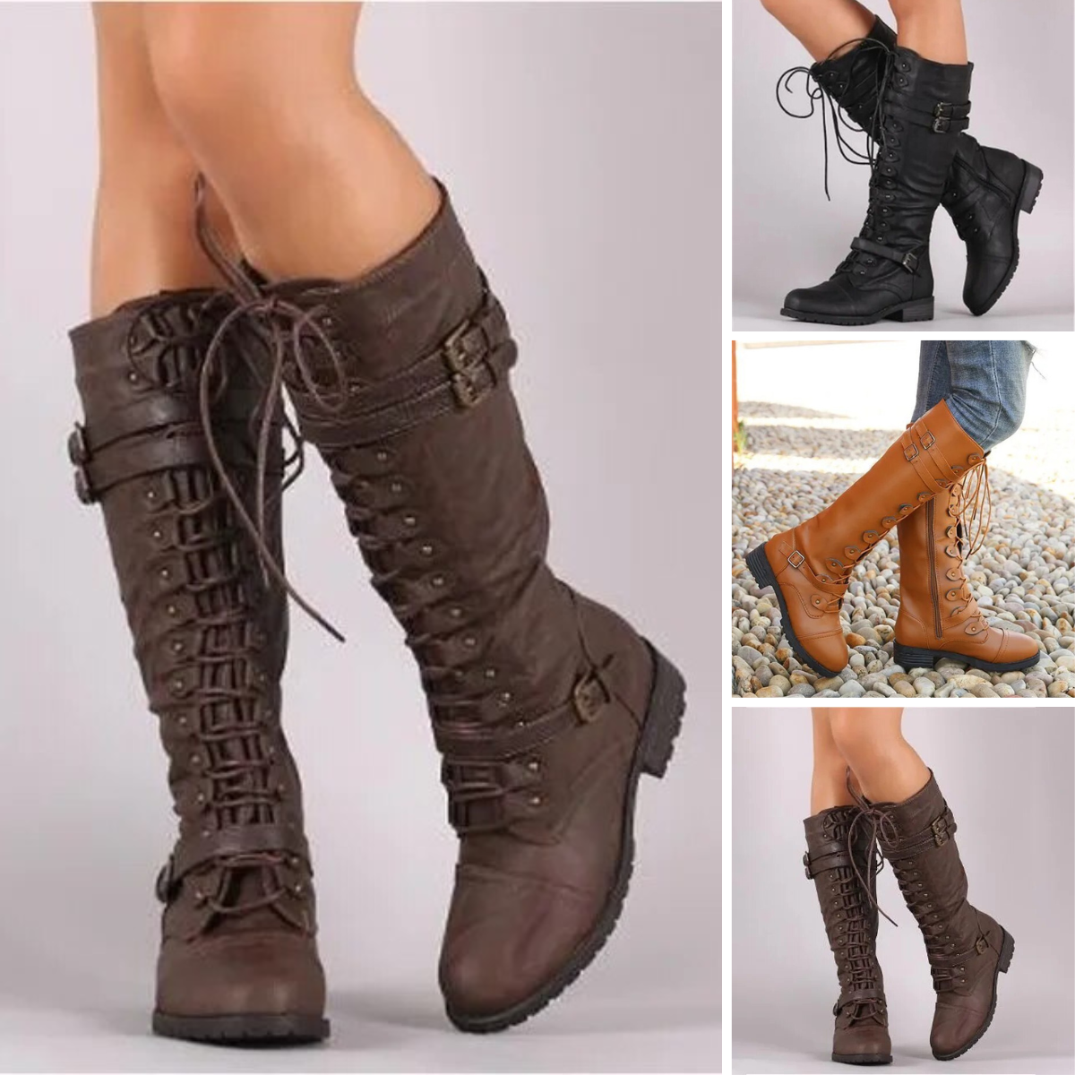 Damenstiefel aus Leder, kniehoch, Schnürung, braun, schwarz, cognac, modisch, robust.