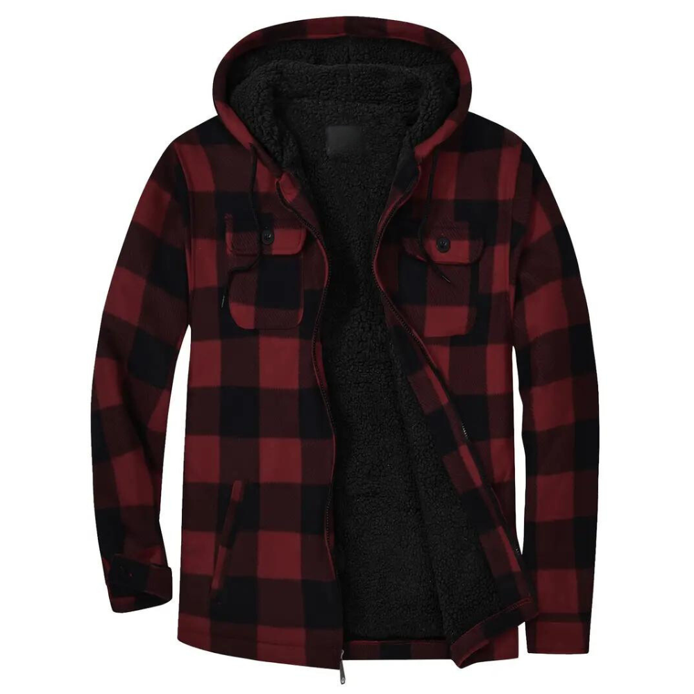 Rote karierte Herrenjacke mit Kapuze, Fleece-Innenfutter, warm, modisch, Winterbekleidung.