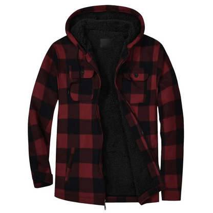 Rote karierte Herrenjacke mit Kapuze, Fleece-Innenfutter, warm, modisch, Winterbekleidung.