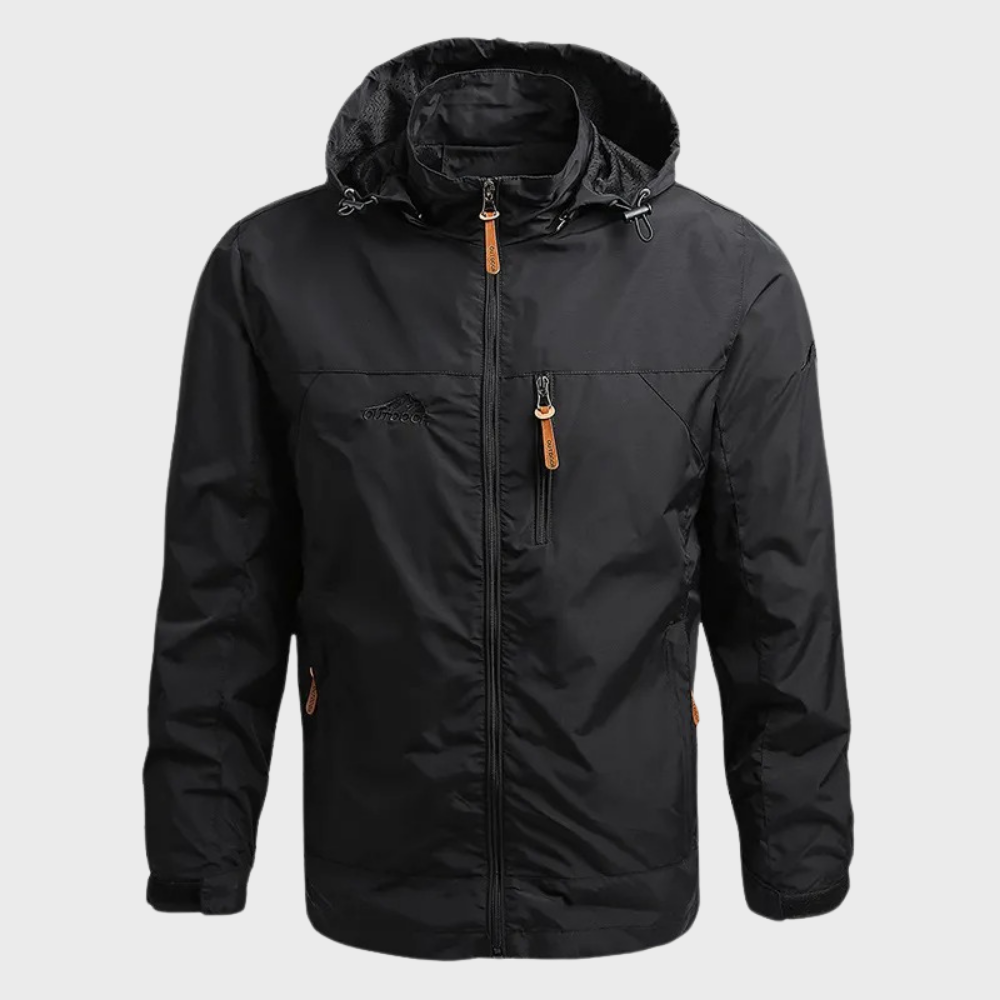 Schwarze Herrenjacke mit Kapuze, Reißverschlüssen, wasserabweisend, Outdoor-Bekleidung.