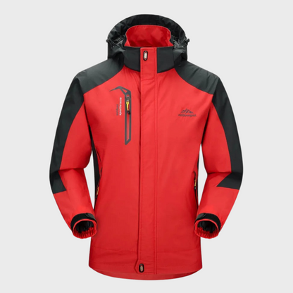 Rote Herren-Skijacke, wasserdicht, mit Kapuze und Reißverschlusstaschen, Outdoor-Bekleidung.