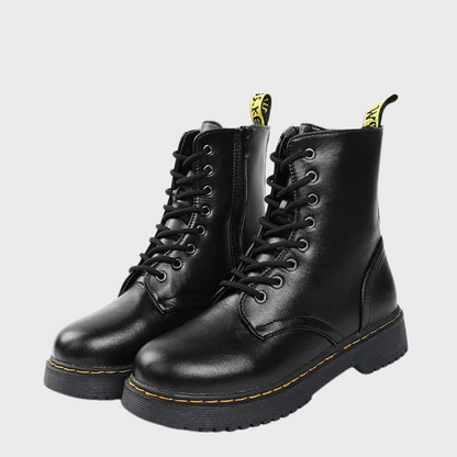 Schwarze Lederstiefel, Schnürung, robuste Sohle, modisch, Unisex, Herbst/Winter.