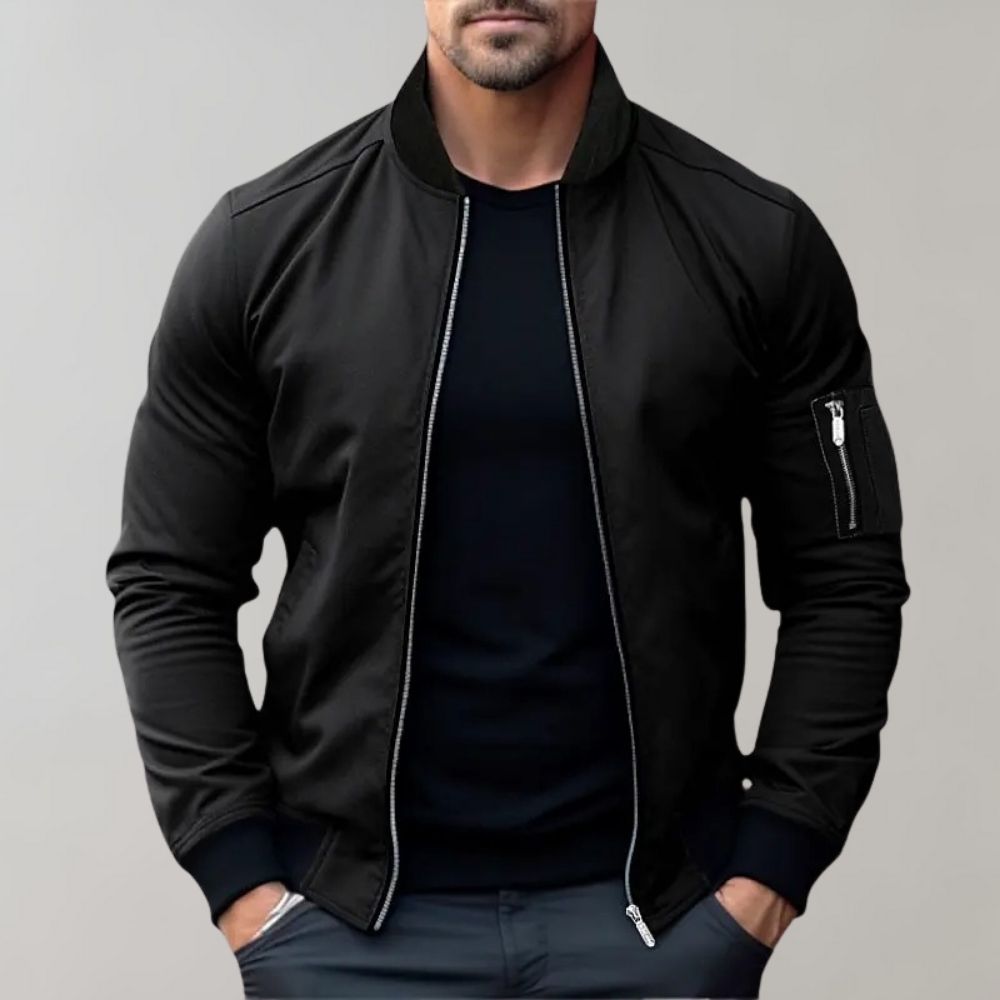 Schwarze Herren-Bomberjacke, Reißverschluss, Baumwolle, modisch, lässig, langärmelig.