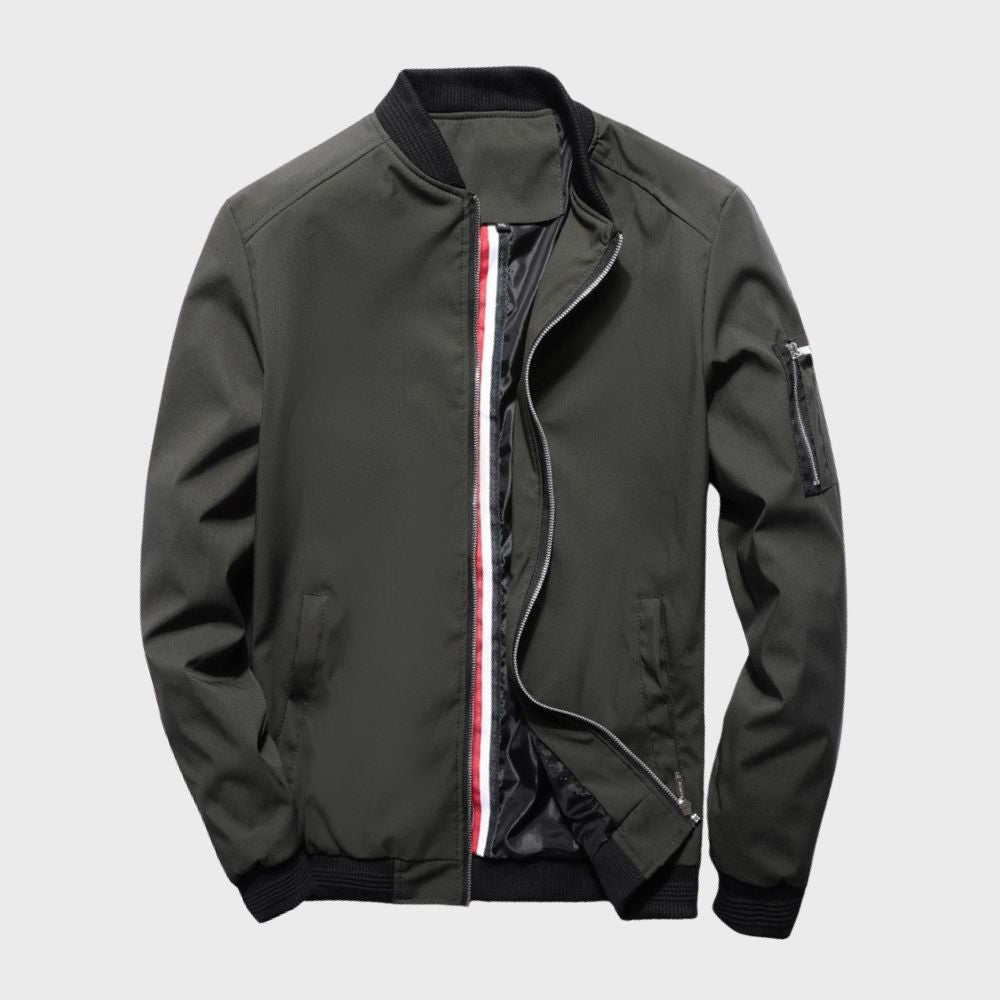 Grüne Bomberjacke für Herren, Reißverschluss, Tasche am Ärmel, modisch, lässig, Polyester.