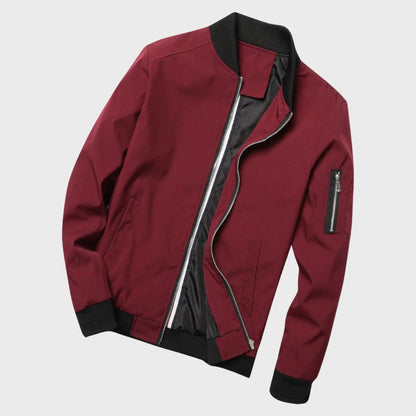 Rote Bomberjacke für Herren, Reißverschluss, Taschen, modisch, lässig, Polyester.