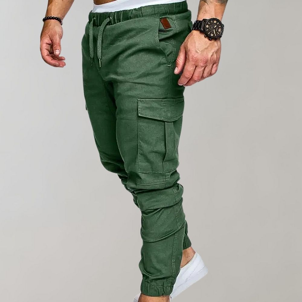 Grüne Herren-Cargohose, Baumwolle, elastischer Bund, Seitentaschen, modisch, bequem.