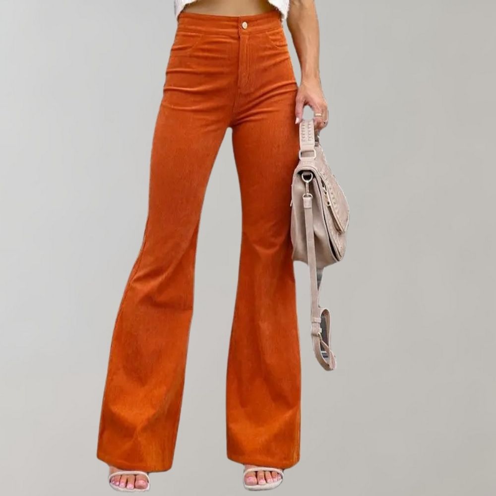 Orange Schlaghose Damen, Cord, hohe Taille, modisch, Herbstmode, Vintage-Stil.