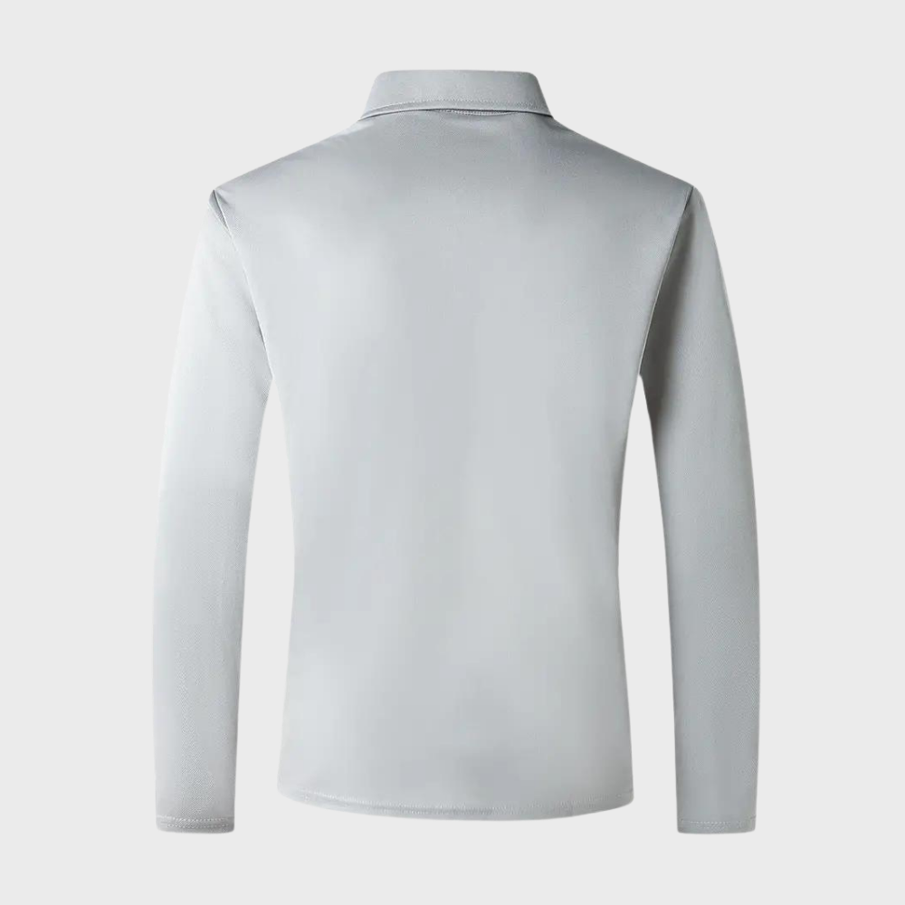 Silbergraues Langarm-Poloshirt für Herren, glatter Stoff, klassischer Kragen, Rückansicht.