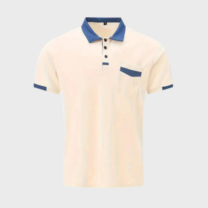 Apricotfarbenes Polohemd mit blauen Akzenten, Kurzarm, Knopfleiste, Herrenmode.