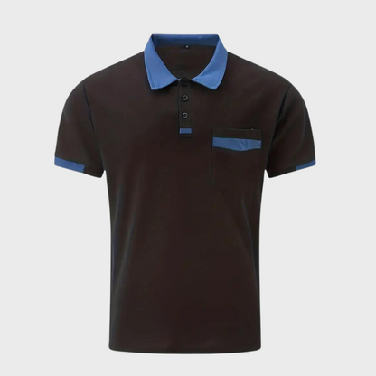 Schwarzes Polohemd mit blauen Akzenten, Kurzarm, Knopfleiste, Brusttasche.