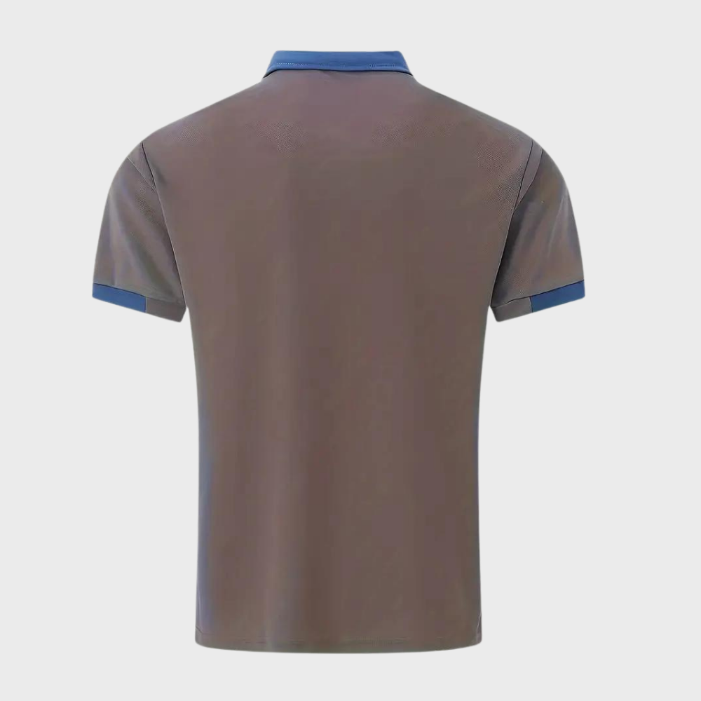 Dunkelgraues Polohemd, Kurzarm, blauer Kragen, Herrenmode, Freizeitkleidung.