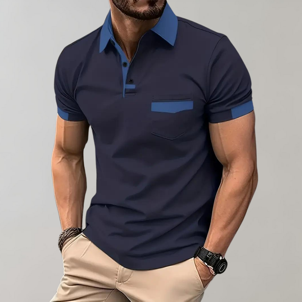Dunkelblaues Herren-Poloshirt, Kurzarm, Kontrastkragen, Freizeitmode, Baumwolle.