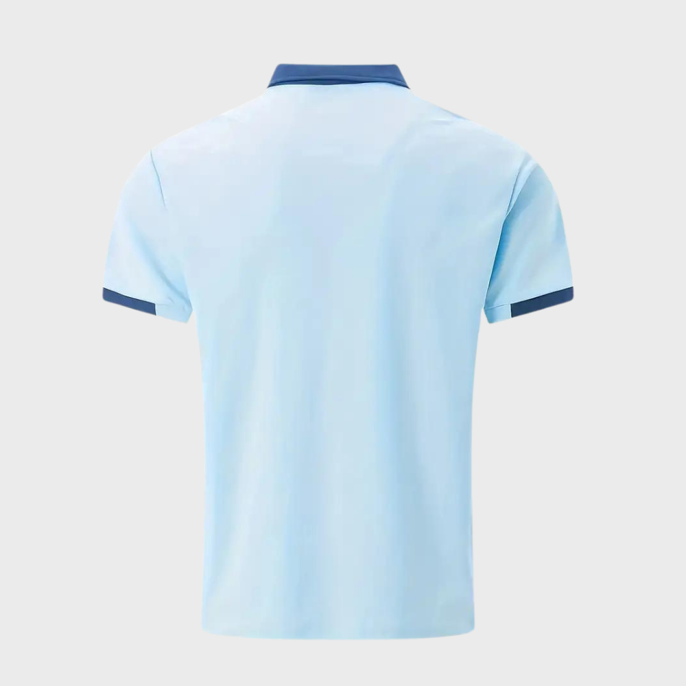 Himmelblaues Polohemd, Kurzarm, Baumwolle, Herrenmode, klassischer Kragen, Rückansicht