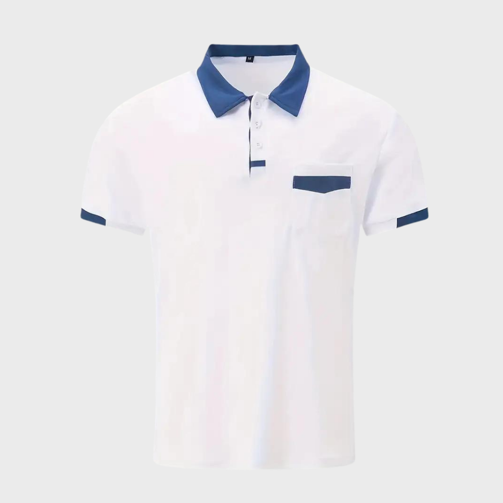 Weißes Polohemd mit blauen Akzenten, Kurzarm, Baumwolle, Herrenmode, klassisches Design