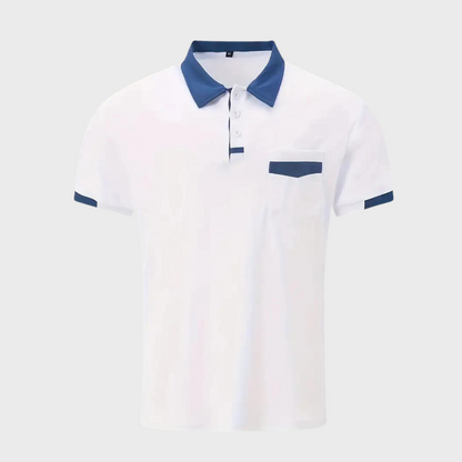 Weißes Polohemd mit blauen Akzenten, Kurzarm, Baumwolle, Herrenmode, klassisches Design