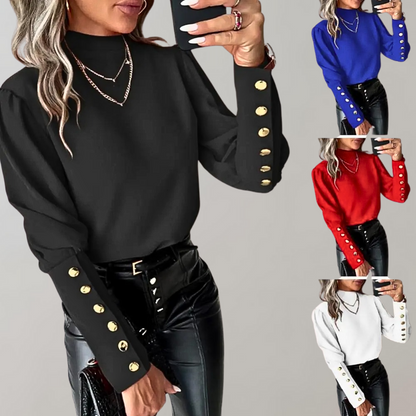 Damenbluse mit goldenen Knöpfen, schwarz, rot, blau, weiß, elegantes Design, Langarm.
