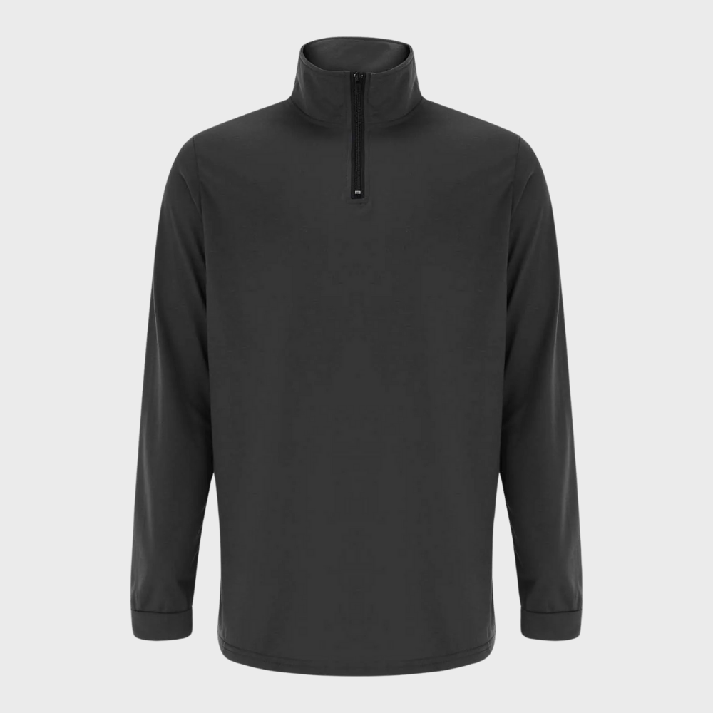 Schwarzer Herren-Pullover mit Reißverschluss, langärmelig, aus Baumwolle, modisch und bequem.