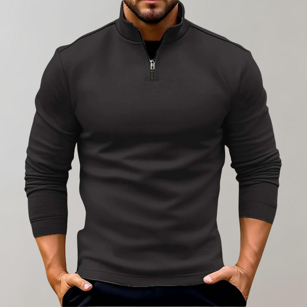 Schwarzer Herrenpullover mit Reißverschluss, Langarm, modisch, bequem, Freizeitkleidung.