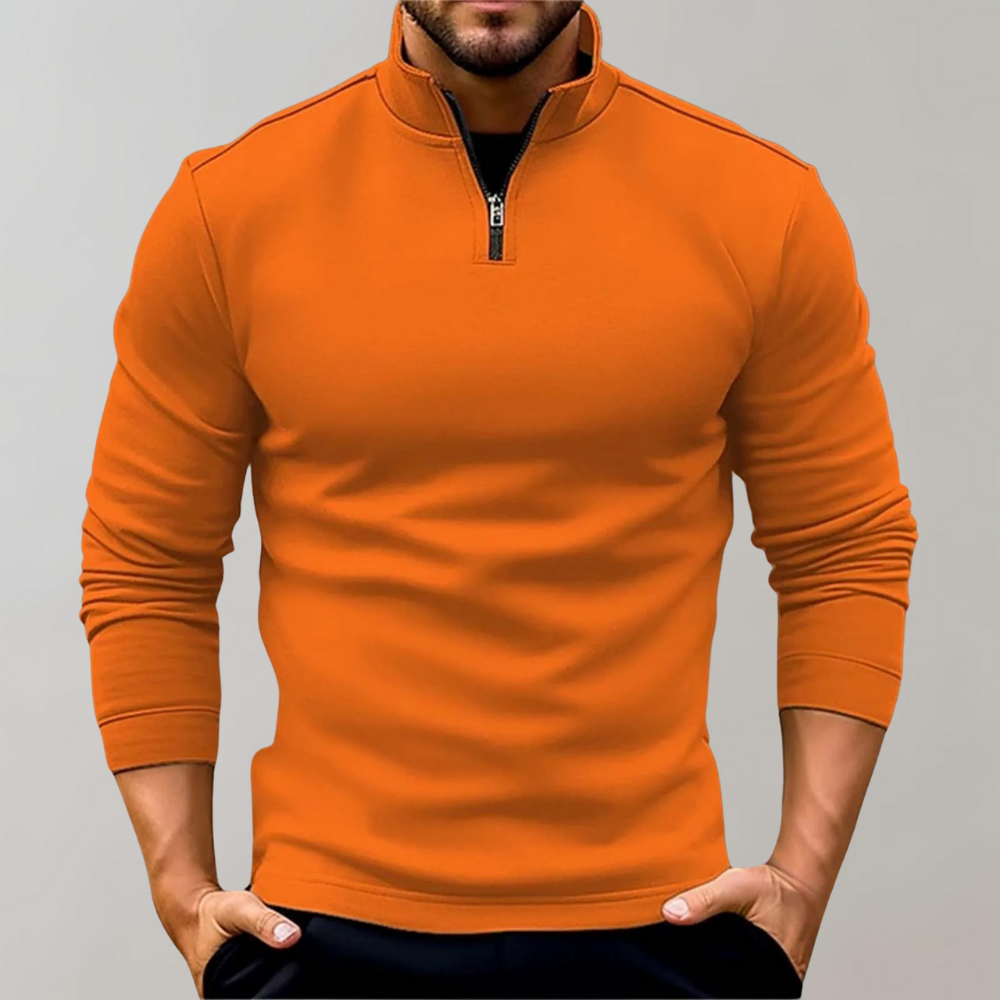 Orange Herrenpullover mit Reißverschluss, Langarm, Stehkragen, modisch, bequem.