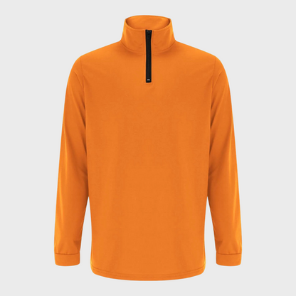 Orangefarbener Langarm-Pullover mit Reißverschluss, Herrenmode, Freizeitkleidung, Baumwolle.