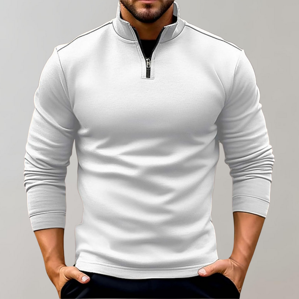 Weißer Herrenpullover mit Reißverschluss, Langarm, Baumwolle, modisch, bequem, Freizeitkleidung.