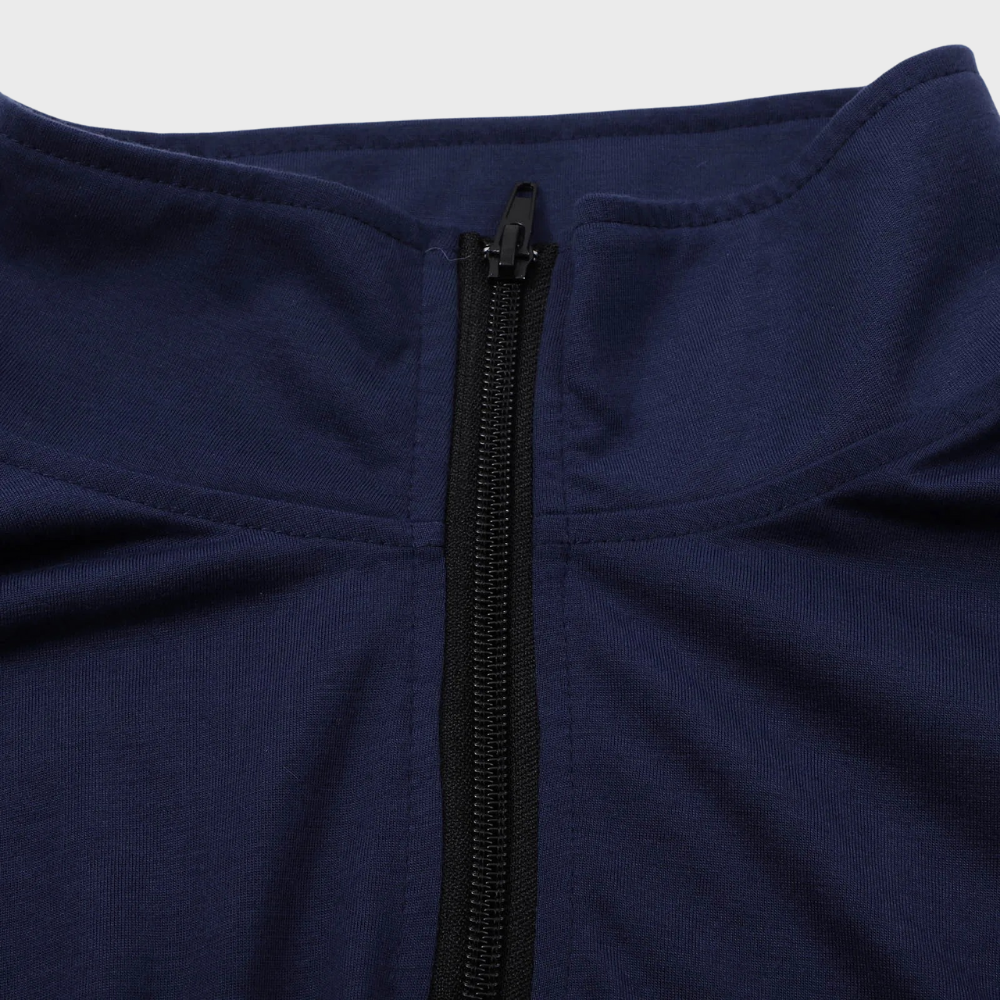 Dunkelblauer Reißverschluss-Pullover aus Baumwolle, modisch, bequem, für Herren.