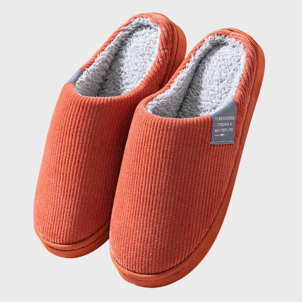 Orange Hausschuhe mit grauem Futter, rutschfeste Sohle, gemütlich, warm, für Zuhause.