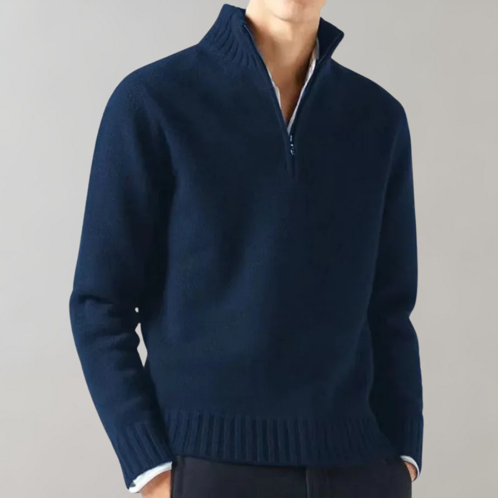 Dunkelblauer Herrenpullover mit Reißverschluss, Strick, modisch, warm, elegant.