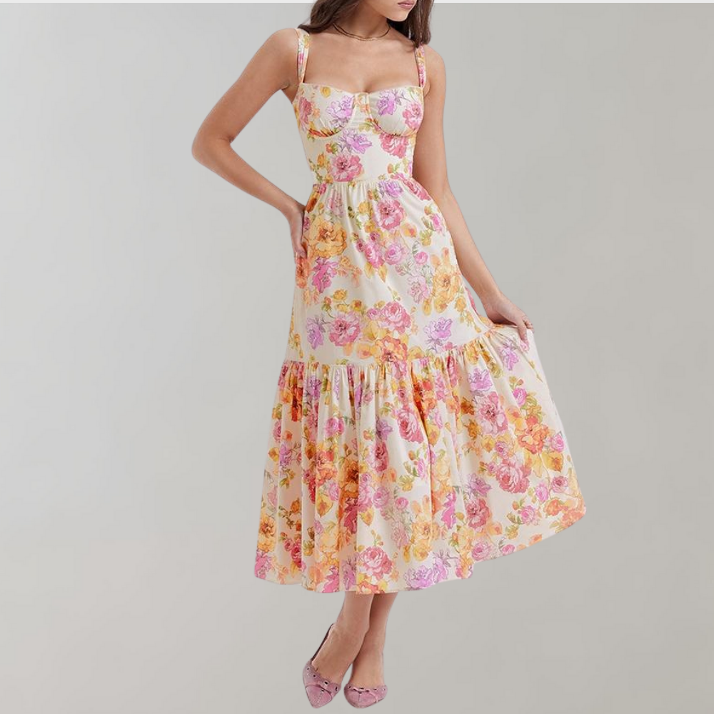 Midi-partyklänning med höstblommönster – Mireille
