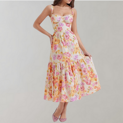 Midi-partyklänning med höstblommönster – Mireille
