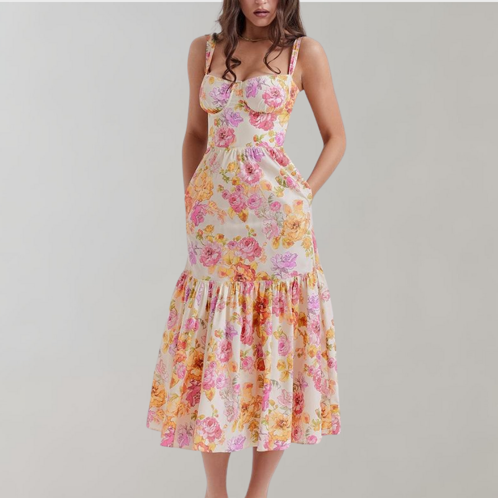 Midi-partyklänning med höstblommönster – Mireille