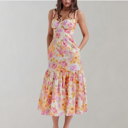 Midi-partyklänning med höstblommönster – Mireille