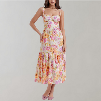 Midi-partyklänning med höstblommönster – Mireille