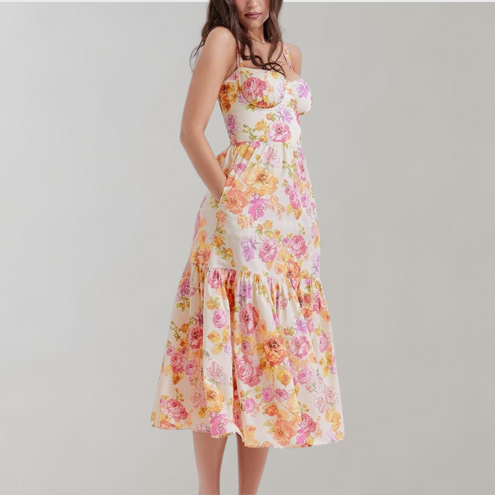 Midi-partyklänning med höstblommönster – Mireille