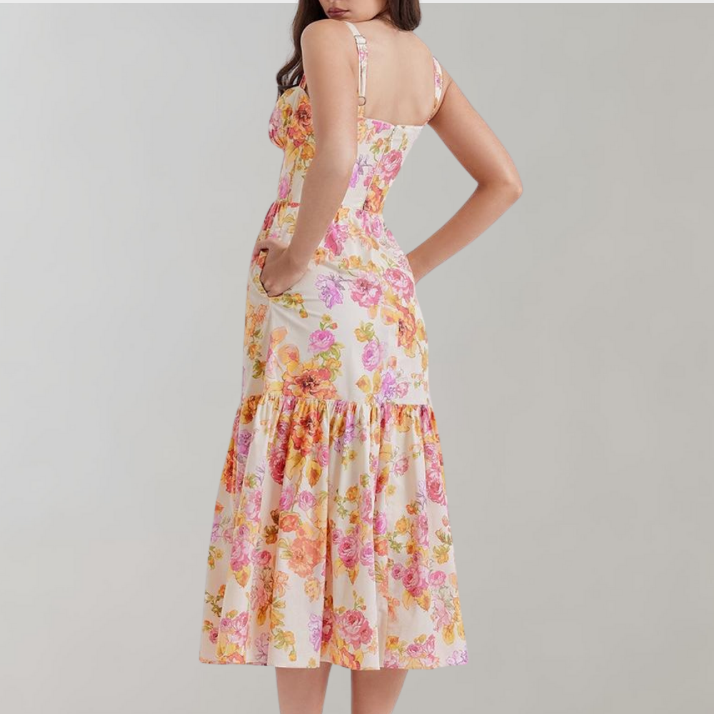 Midi-partyklänning med höstblommönster – Mireille