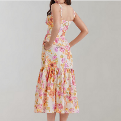 Midi-partyklänning med höstblommönster – Mireille