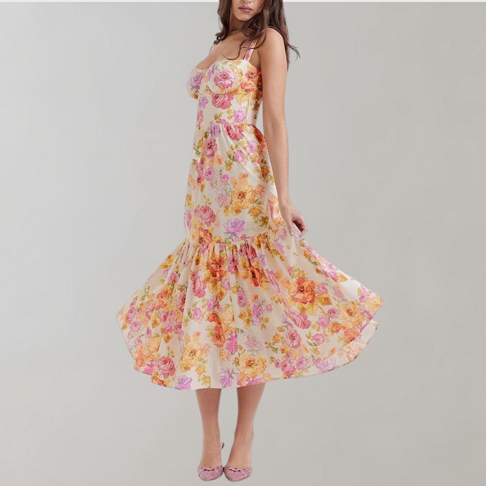 Midi-partyklänning med höstblommönster – Mireille