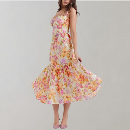 Midi-partyklänning med höstblommönster – Mireille