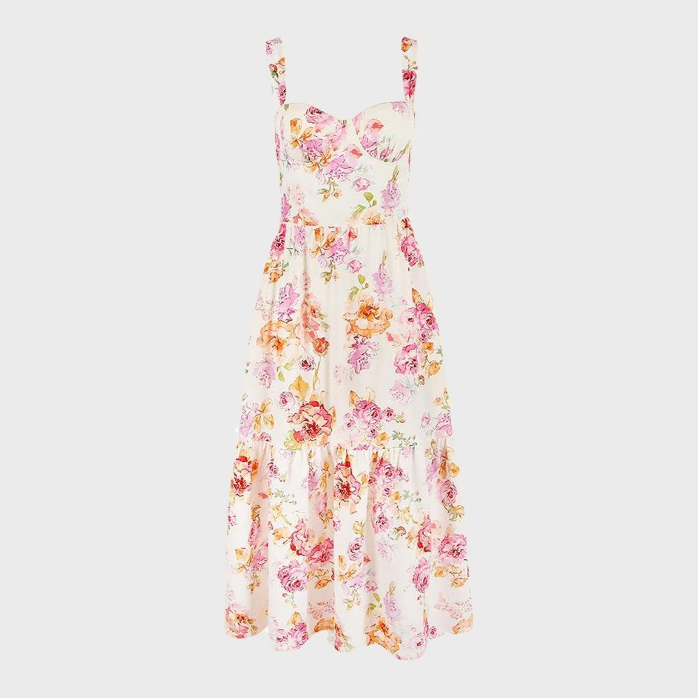 Midi-partyklänning med höstblommönster – Mireille