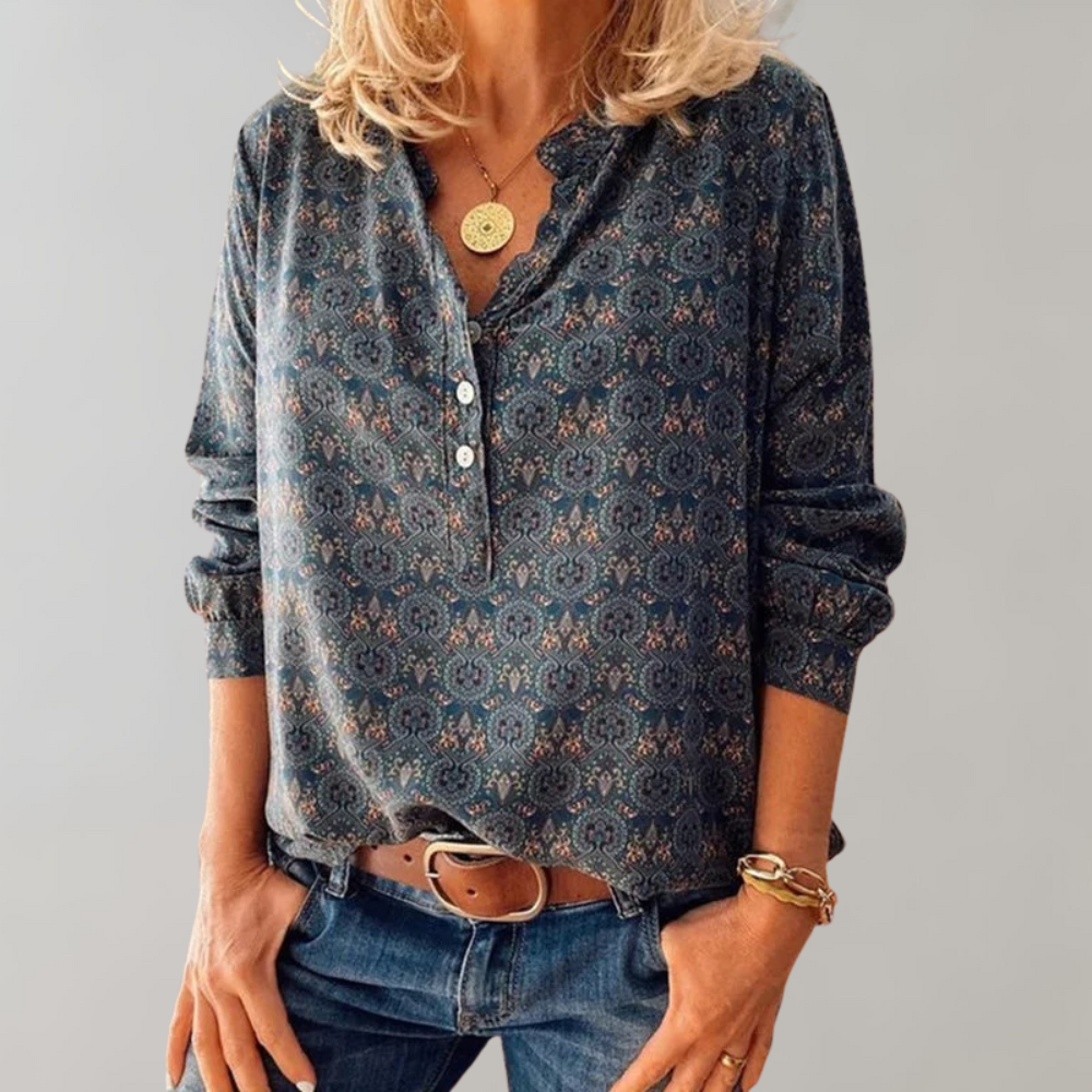 Vintage damblus med knappslå och tryck – Selina