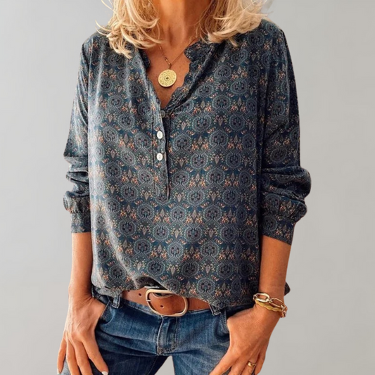 Vintage damblus med knappslå och tryck – Selina