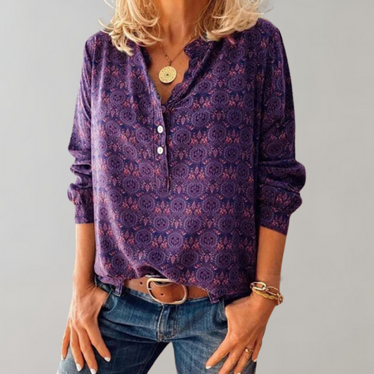 Vintage damblus med knappslå och tryck – Selina