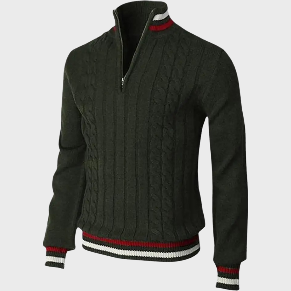 Grüner Herrenpullover mit Reißverschluss, Zopfmuster, rot-weißen Streifen, Wintermode.