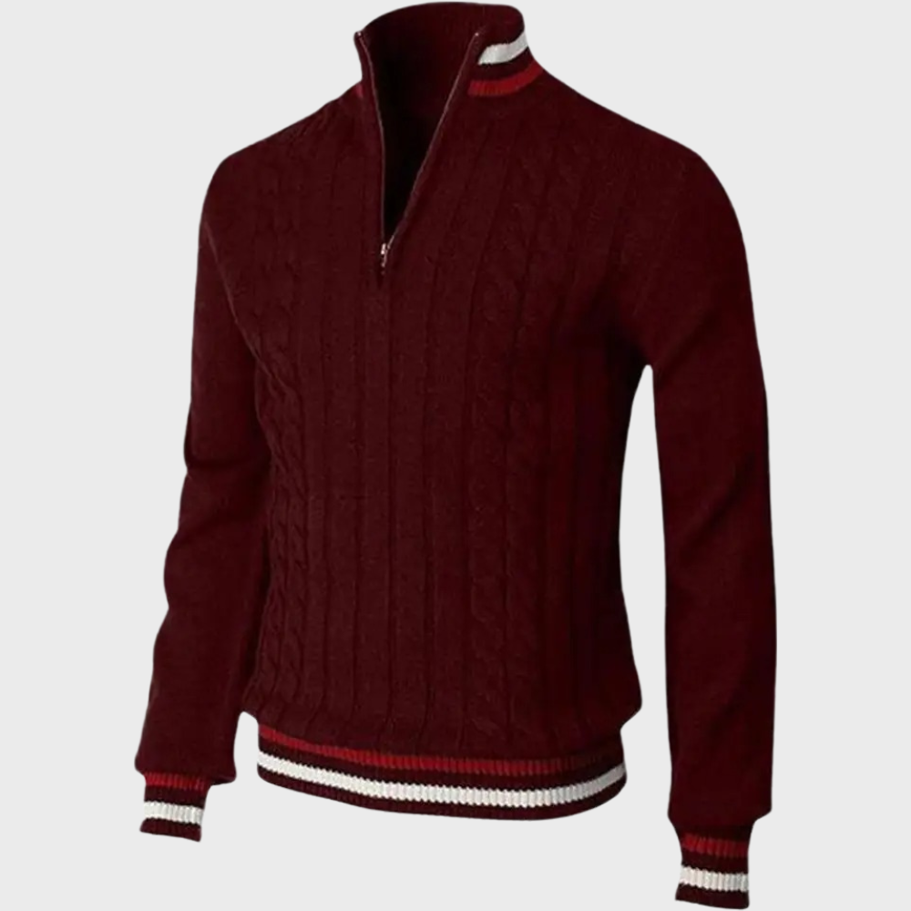 Weinroter Herrenpullover mit Reißverschluss, Strickmuster, gestreifte Bündchen, Wintermode.
