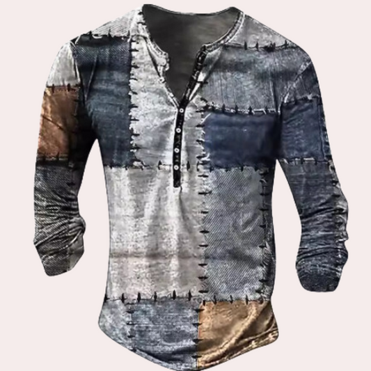 Patchwork-Herrenhemd, Langarm, Knopfleiste, Blau-Braun, Casual-Mode, Baumwolle.