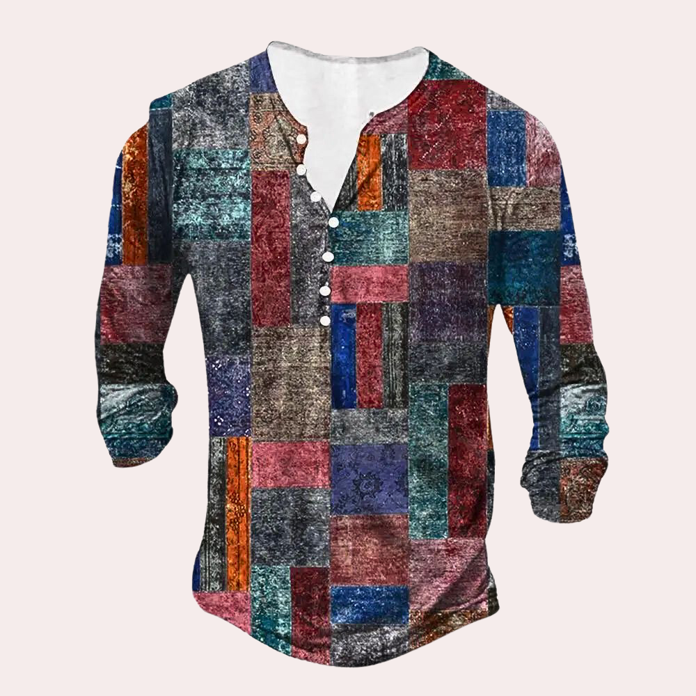 Buntes Patchwork-Herrenhemd, Langarm, Knopfleiste, Freizeitmode, Baumwolle.